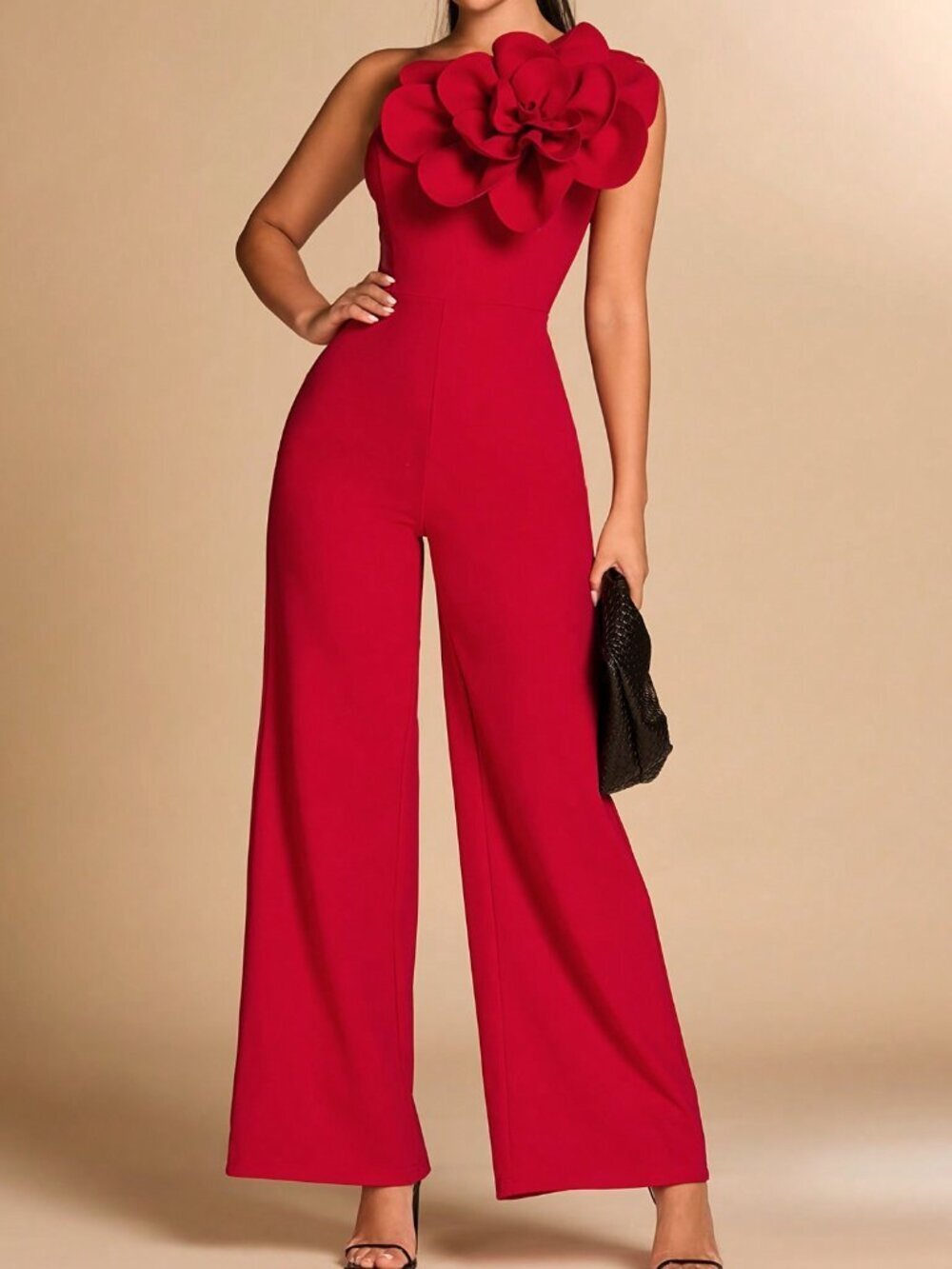 Red Party Women's 3D Flower Detail Jumpsuit